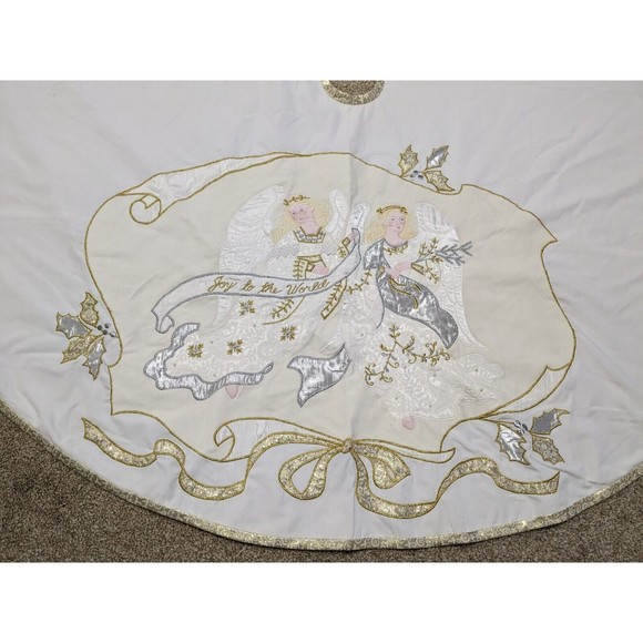 House of Hatten Appliquéd Satin Angels Christmas Tree‎ Skirt 58" Round Vintage - Picture 1 of 15